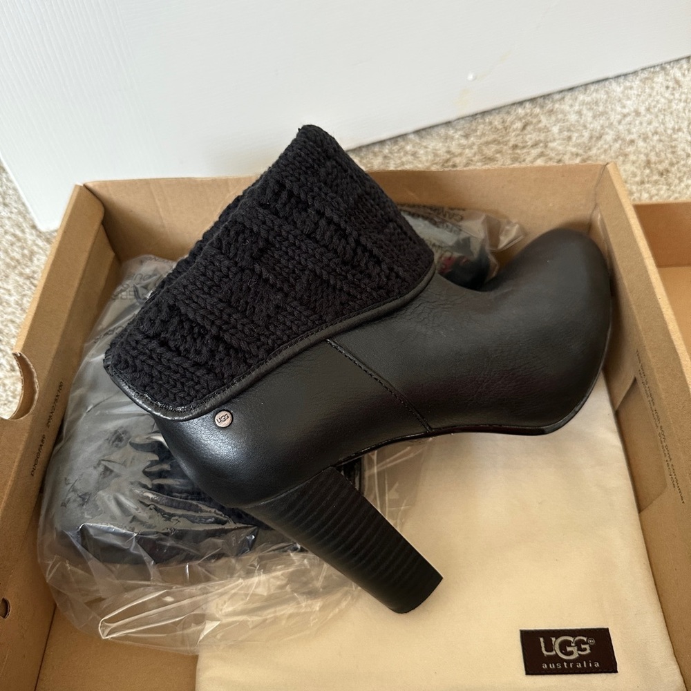 UGG Black Leather Boots with Knit Detail